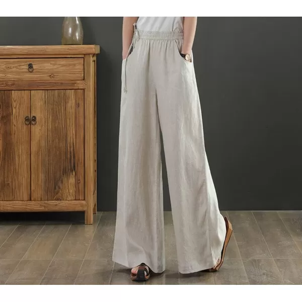 chouyatou Womens Wide Legs Elastic High Waisted Loose Fit Cotton Linen Pants PalazzoBeige