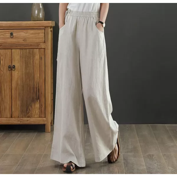 chouyatou Womens Wide Legs Elastic High Waisted Loose Fit Cotton Linen Pants PalazzoBeige