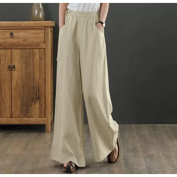 chouyatou Womens Wide Legs Elastic High Waisted Loose Fit Cotton Linen Pants PalazzoKhaki