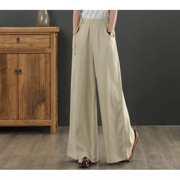 chouyatou Womens Wide Legs Elastic High Waisted Loose Fit Cotton Linen Pants PalazzoKhaki