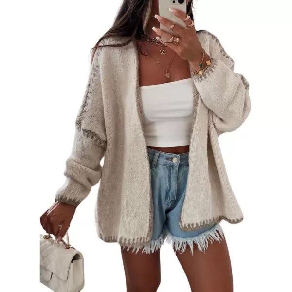 chouyatou Women Fall Open Front Color Block Cardigan Sweater Casual Striped Chunky Knit Oversized CardiganBeige