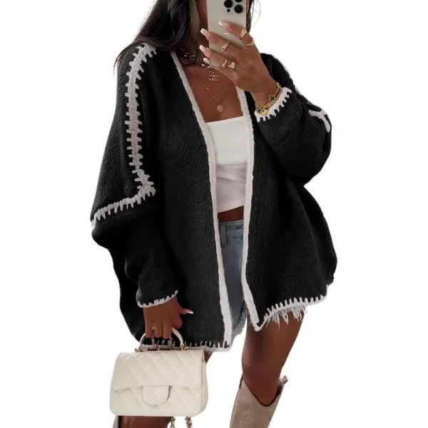 chouyatou Women Fall Open Front Color Block Cardigan Sweater Casual Striped Chunky Knit Oversized CardiganBlack
