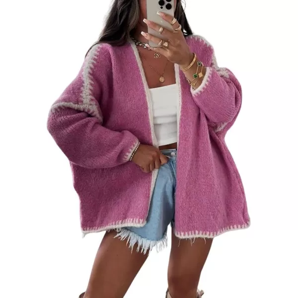 chouyatou Women Fall Open Front Color Block Cardigan Sweater Casual Striped Chunky Knit Oversized CardiganHot Pink