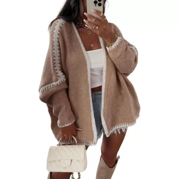 chouyatou Women Fall Open Front Color Block Cardigan Sweater Casual Striped Chunky Knit Oversized CardiganKhaki