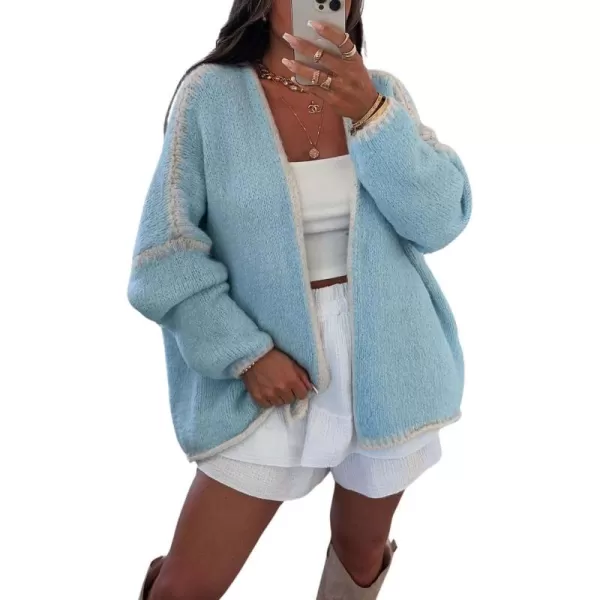 chouyatou Women Fall Open Front Color Block Cardigan Sweater Casual Striped Chunky Knit Oversized CardiganLight Blue