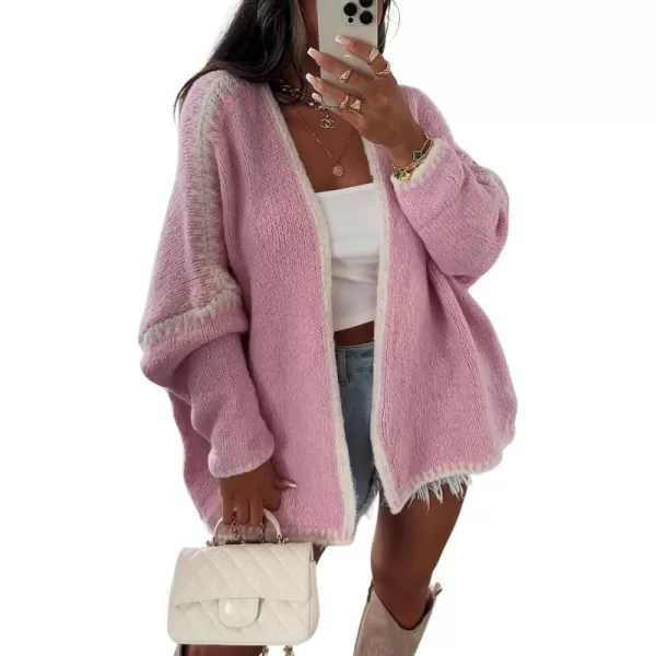 chouyatou Women Fall Open Front Color Block Cardigan Sweater Casual Striped Chunky Knit Oversized CardiganPink