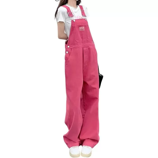 chouyatou Women Spring Wide Leg Denim Bib Overalls Adjustable Strap Casual Jeans Pants JumpsuitsPink