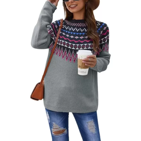 chouyatou Womens Casual Crewneck Knitted Fair Isle Print Sweater Pullover TopsGrey