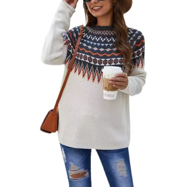 chouyatou Womens Casual Crewneck Knitted Fair Isle Print Sweater Pullover TopsWhite