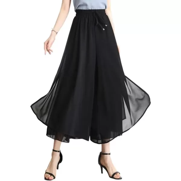 chouyatou Womens Chiffon Wide Leg Pants High Waist Pleated Culotte Palazzo Pants Side SlitBlack