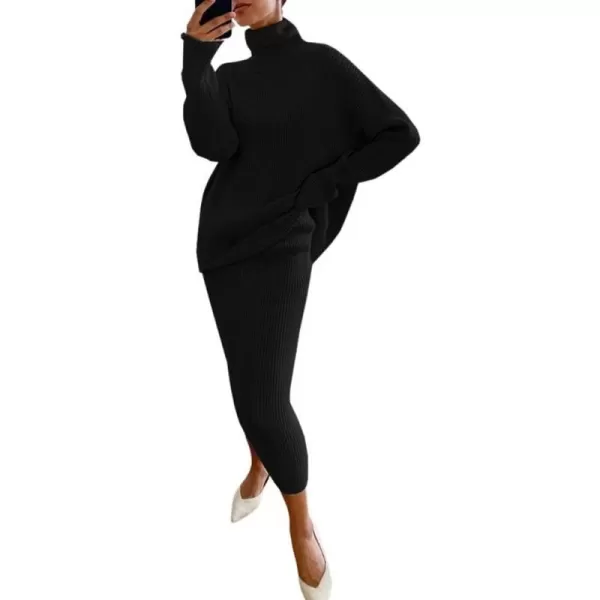 chouyatou Womens Chunky 2 Piece Outfits Turtleneck Knit Sweater and Maxi Bodycon Skirt SetsBlack