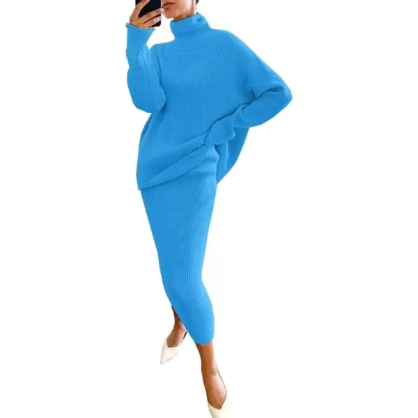 chouyatou Womens Chunky 2 Piece Outfits Turtleneck Knit Sweater and Maxi Bodycon Skirt SetsBlue