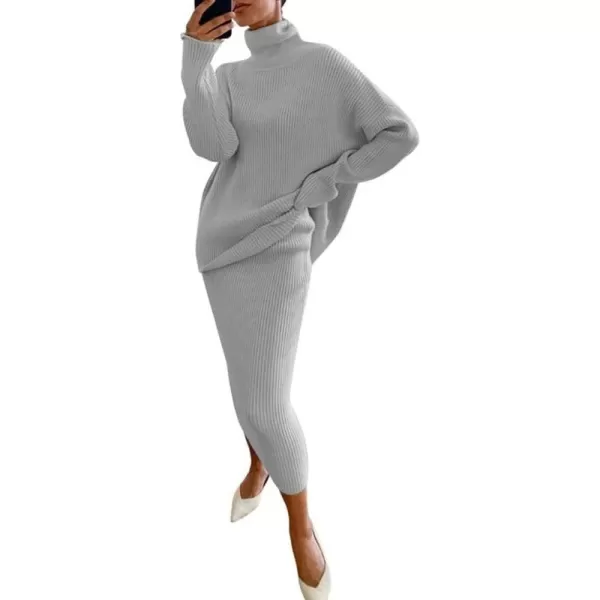 chouyatou Womens Chunky 2 Piece Outfits Turtleneck Knit Sweater and Maxi Bodycon Skirt SetsGrey