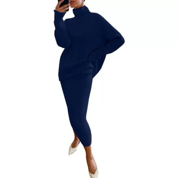 chouyatou Womens Chunky 2 Piece Outfits Turtleneck Knit Sweater and Maxi Bodycon Skirt SetsNavy Blue