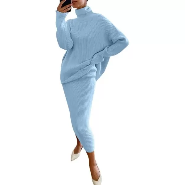 chouyatou Womens Chunky 2 Piece Outfits Turtleneck Knit Sweater and Maxi Bodycon Skirt SetsSky Blue