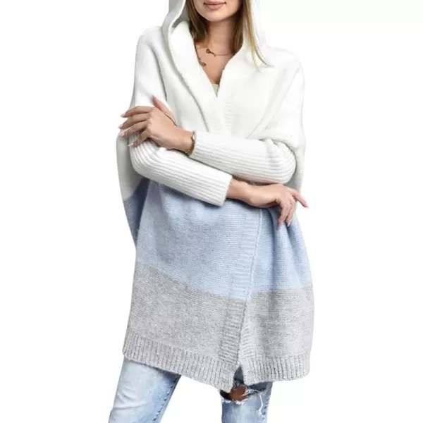 chouyatou Womens Color Block Hooded Cardigan Casual Loose Open Front Ribbed Knit Long Coatigan SweaterBlue