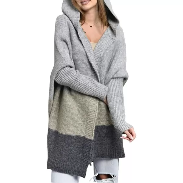 chouyatou Womens Color Block Hooded Cardigan Casual Loose Open Front Ribbed Knit Long Coatigan SweaterGrey Khaki