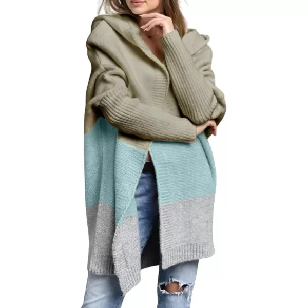 chouyatou Womens Color Block Hooded Cardigan Casual Loose Open Front Ribbed Knit Long Coatigan SweaterMint Green