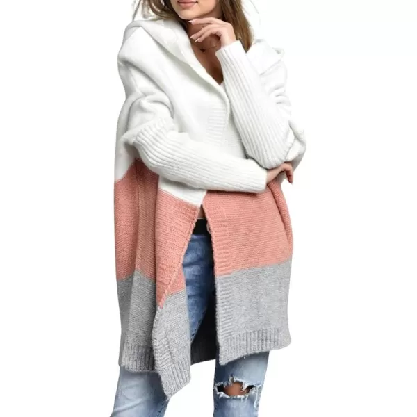 chouyatou Womens Color Block Hooded Cardigan Casual Loose Open Front Ribbed Knit Long Coatigan SweaterPink