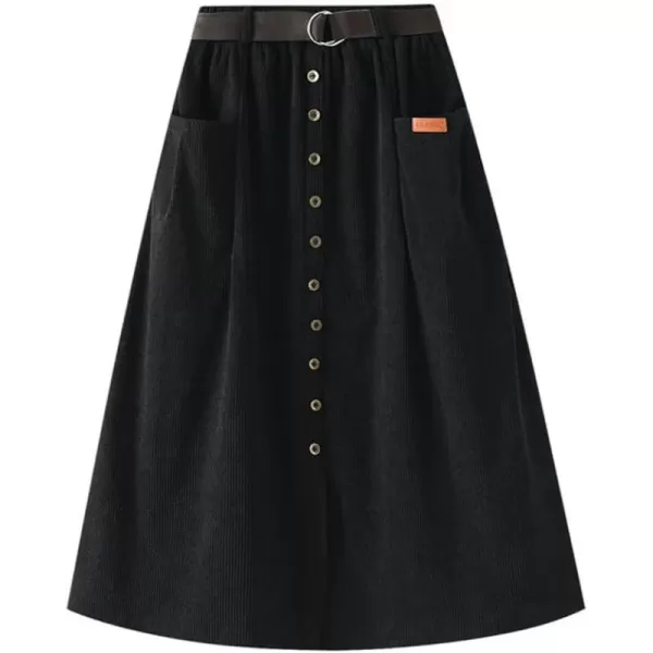 chouyatou Womens Cute ALine High Waist Pocket Midi Long Corduroy Skirt with BeltBlack
