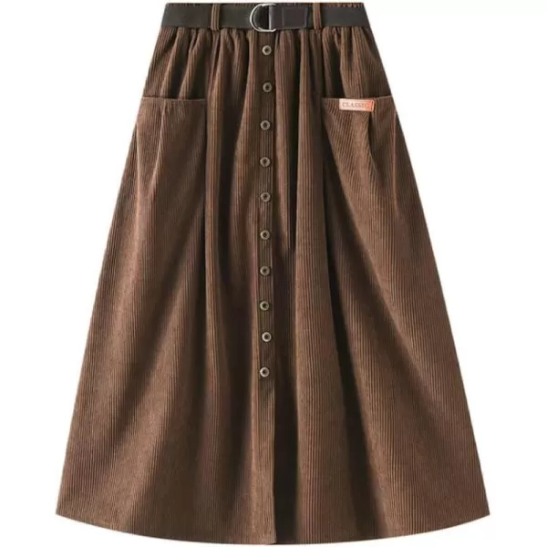 chouyatou Womens Cute ALine High Waist Pocket Midi Long Corduroy Skirt with BeltCoffee Brown