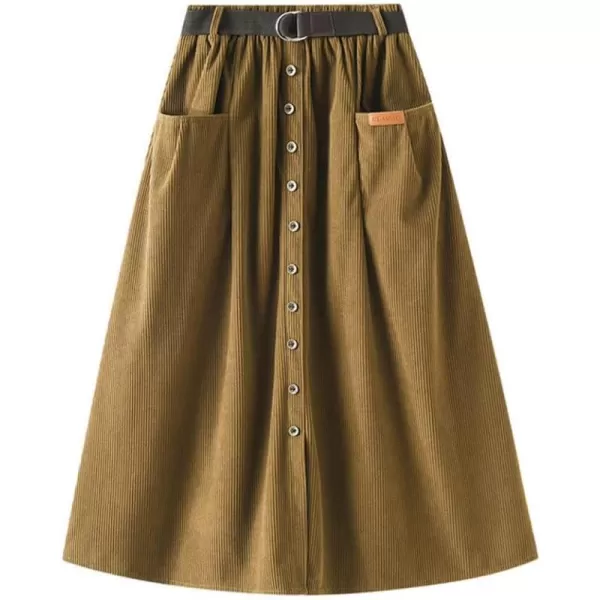 chouyatou Womens Cute ALine High Waist Pocket Midi Long Corduroy Skirt with BeltTurmeric Yellow