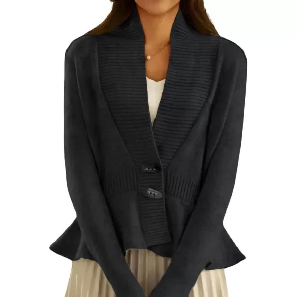chouyatou Womens Fall Ribbed VNeck Vintage Cardigan Sweater Toggle Button Down Peplum Tops JacketBlack