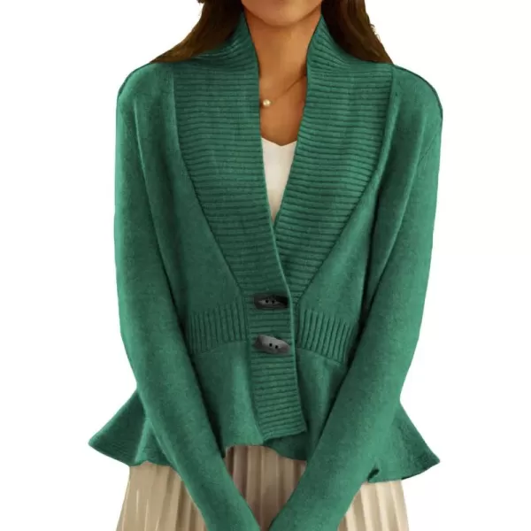 chouyatou Womens Fall Ribbed VNeck Vintage Cardigan Sweater Toggle Button Down Peplum Tops JacketGreen