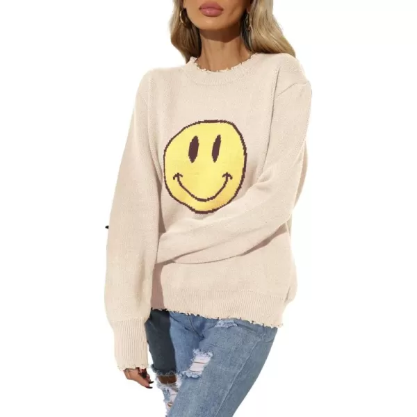 chouyatou Womens Fall Smile Face Jacquard Knit Pullover Sweater Loose Distressed Graphic Sweater TopApricot