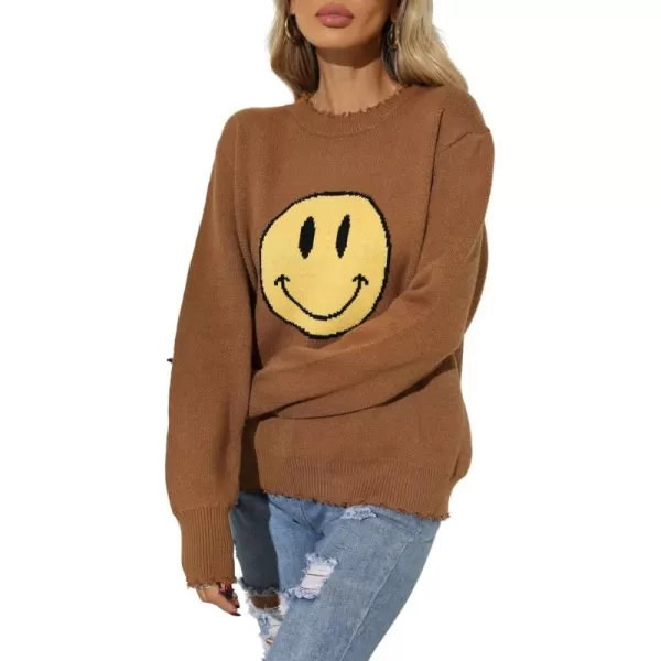 chouyatou Womens Fall Smile Face Jacquard Knit Pullover Sweater Loose Distressed Graphic Sweater TopBrown