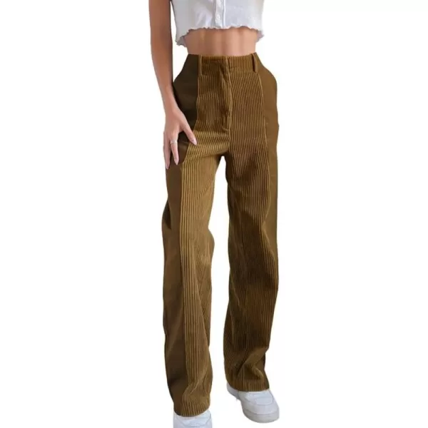 chouyatou Womens High Waisted Corduroy Pants Straight Leg Spliced Casual PantsKhaki