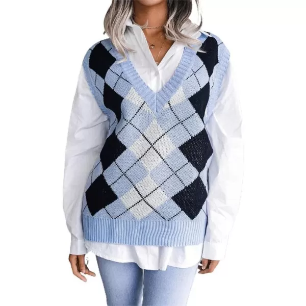 chouyatou Womens Loose VNeck Preppy Style Argyle Plaid Knitted Sweater VestBlue