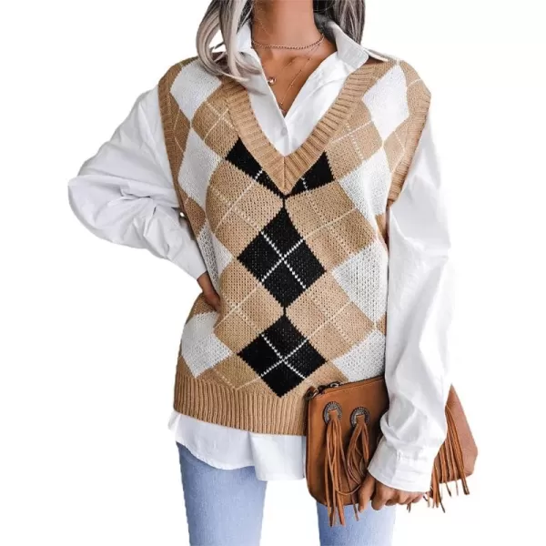 chouyatou Womens Loose VNeck Preppy Style Argyle Plaid Knitted Sweater VestKhaki