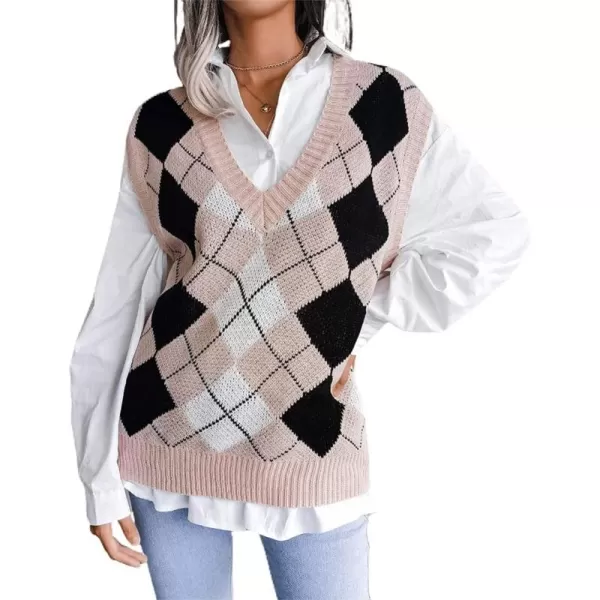 chouyatou Womens Loose VNeck Preppy Style Argyle Plaid Knitted Sweater VestPink