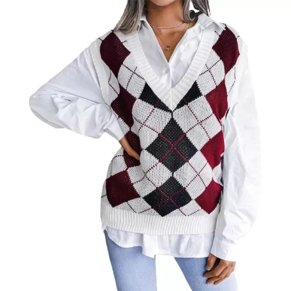 chouyatou Womens Loose VNeck Preppy Style Argyle Plaid Knitted Sweater VestRed