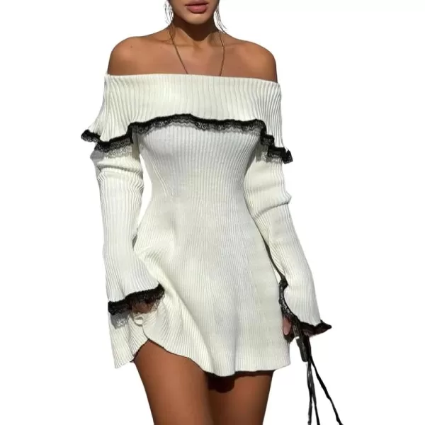chouyatou Womens Off The Shoulder Bell Long Sleeve Sweater Mini Dress Lace Trim Bodycon Ribbed Knit Sweater DressBeige White
