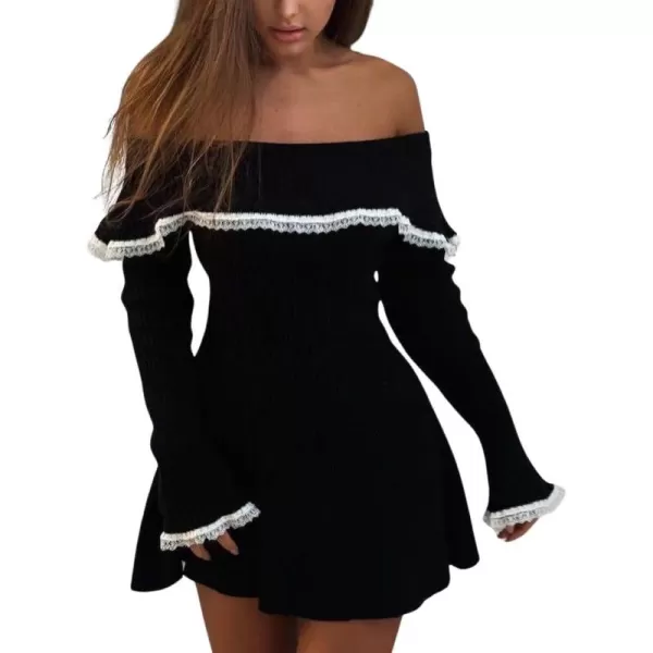 chouyatou Womens Off The Shoulder Bell Long Sleeve Sweater Mini Dress Lace Trim Bodycon Ribbed Knit Sweater DressBlack