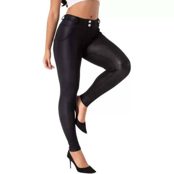 chouyatou Womens Sexy Mid Waist Faux Leather Leggings Fleece Lined Stretch Skinny Pleather Pants TightsBlack