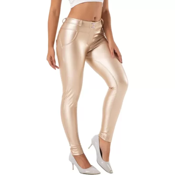 chouyatou Womens Sexy Mid Waist Faux Leather Leggings Fleece Lined Stretch Skinny Pleather Pants TightsGold