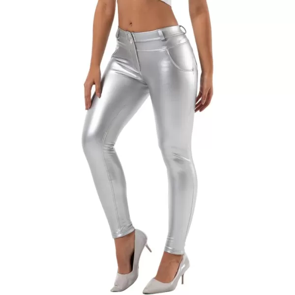 chouyatou Womens Sexy Mid Waist Faux Leather Leggings Fleece Lined Stretch Skinny Pleather Pants TightsSilver