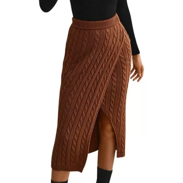 chouyatou Womens Sexy Package Hip Cable Knit Skirt Elastic Waist Front Slit Sweater Midi Long SkirtBrown