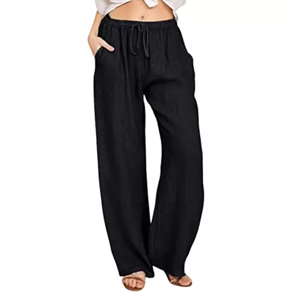chouyatou Womens Summer Loose Drawstring Waist Beach Linen Wide Leg Pants PalazzoBlack