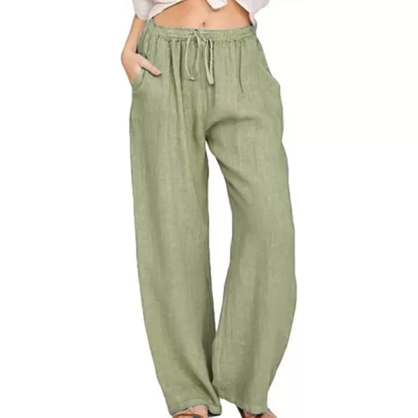 chouyatou Womens Summer Loose Drawstring Waist Beach Linen Wide Leg Pants PalazzoGreen