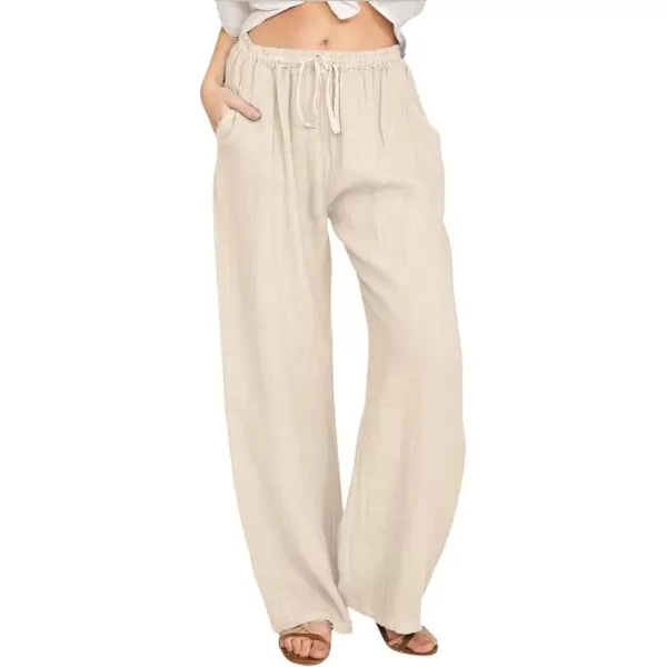 chouyatou Womens Summer Loose Drawstring Waist Beach Linen Wide Leg Pants PalazzoKhaki
