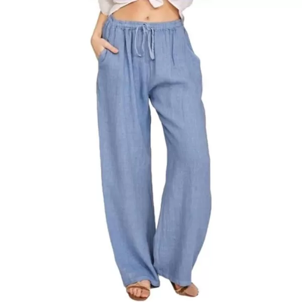 chouyatou Womens Summer Loose Drawstring Waist Beach Linen Wide Leg Pants PalazzoLight Blue