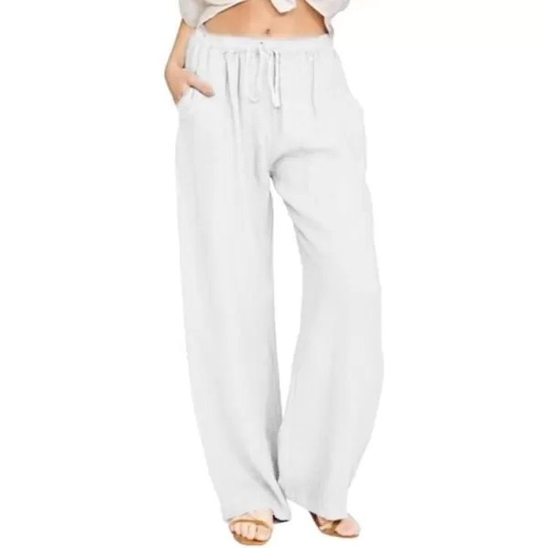 chouyatou Womens Summer Loose Drawstring Waist Beach Linen Wide Leg Pants PalazzoWhite