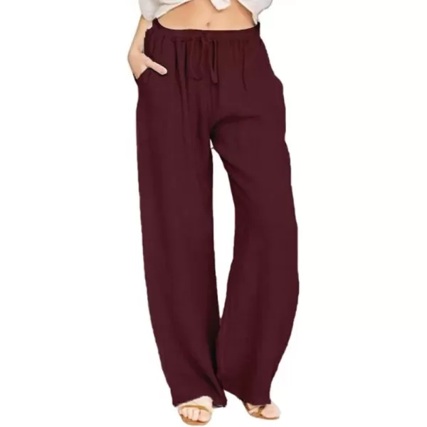 chouyatou Womens Summer Loose Drawstring Waist Beach Linen Wide Leg Pants PalazzoWine Red