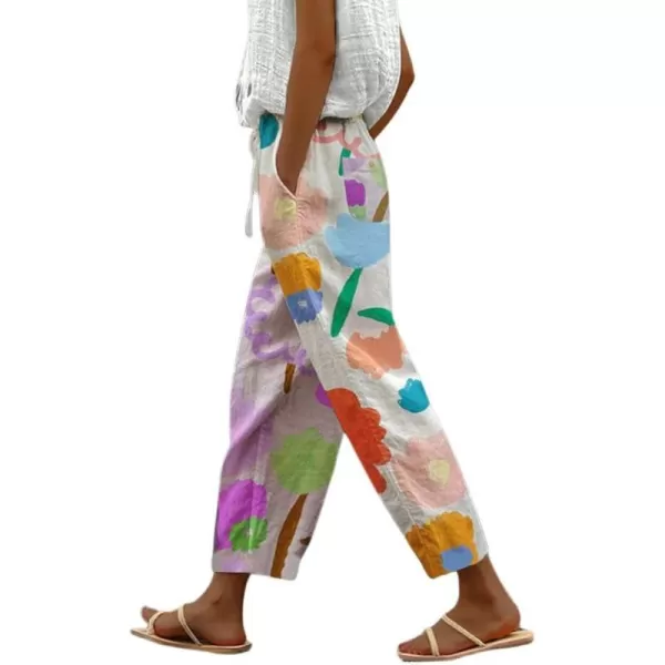 chouyatou Womens Vintage Floral Print High Elastic Waist Wide Leg Capri Beach Palazzo Pants with PocketsFlower