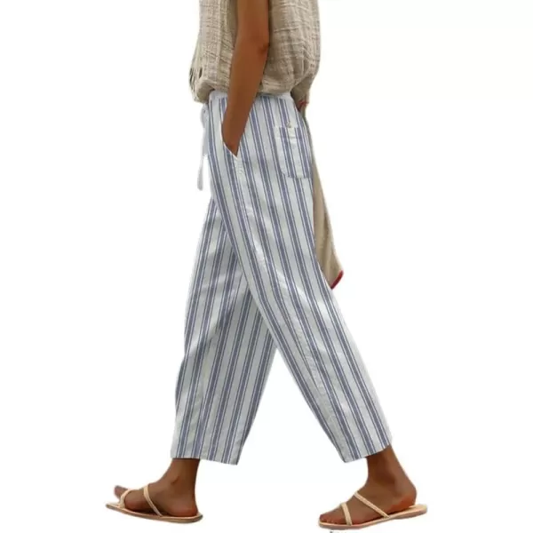 chouyatou Womens Vintage Floral Print High Elastic Waist Wide Leg Capri Beach Palazzo Pants with PocketsStriped Blue
