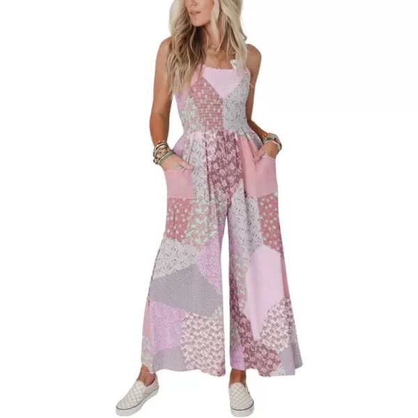 chouyatou Womens Wide Leg Smocked Jumpsuit Color Block Floral Print Sleeveless Romper PantsPink Red